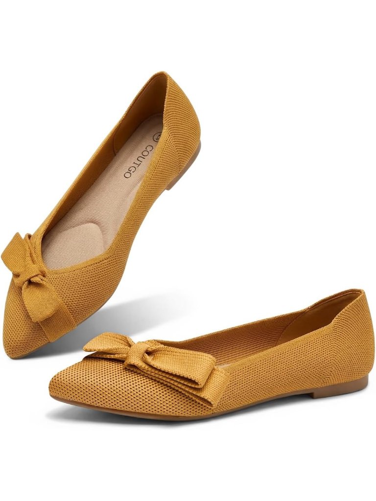 Women's Khaki Pointed Toe Flats Comfortable Dressy Knit Bow Ballet Casual